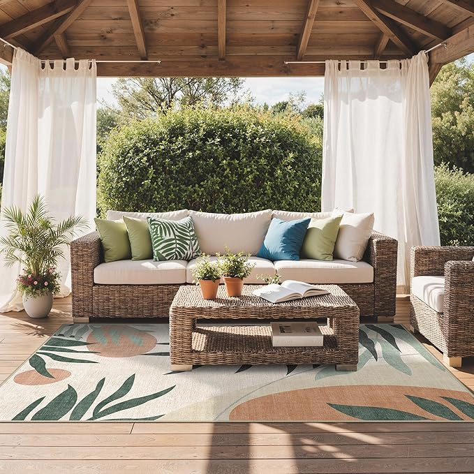 GENIMO Indoor & Outdoor Area Rug 5'x8', Waterproof, Non-Shedding, Easy Cleaning, Leaf Mat for Patio, Living Room, Balcony, Dining Room, RV, Deck, Bedroom, Camping, Outside Carpet, Moss Grey