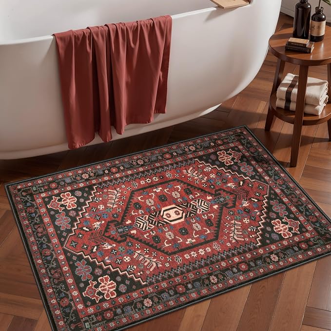 Ciicool 2x3ft Small Area Rug,Washable Boho Thin Mat for Entryway Kitchen | Oriental Non-Slip Low-Pile Indoor Carpet Soft Entry Red/black Rugs for Entrance Bedroom Kitchen Bathroom