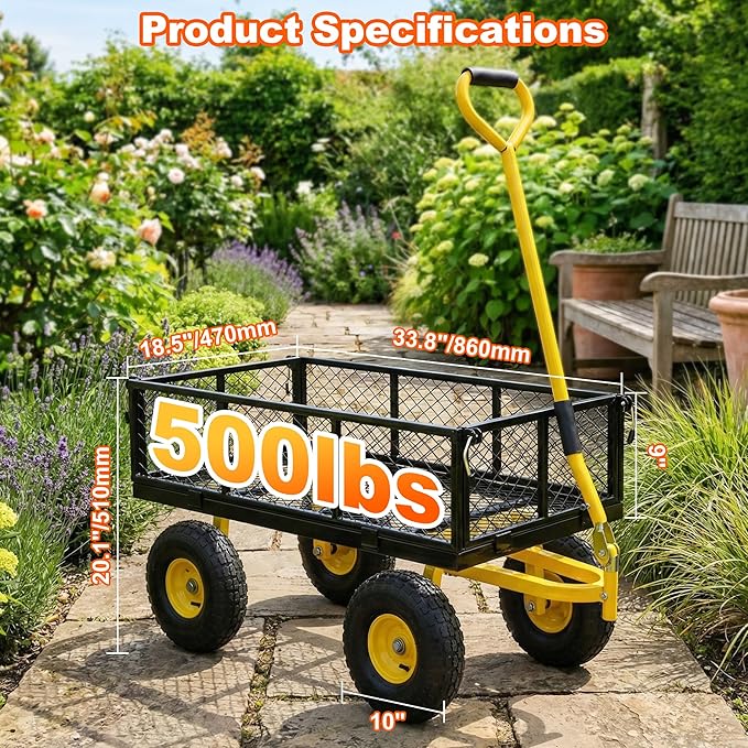 DIAMONDFORGE 500lbs Heavy Duty Garden Cart, Steel Garden Wagon Cart with Fixedable Rotating Handle for Backyard, Utility Yard Wagon with 10" All Terrain Tires, Mesh Removable Sides
