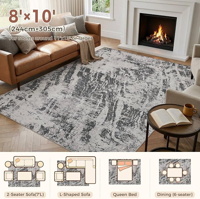 DMOYEST 8x10 Area Rug for Living Room Washable Abstract Indoor Carpet | Neutral Modern Low Pile Rugs Kid & Pet Friendly Large Soft Thin Carpet for Bedroom Dining Room - Light Black