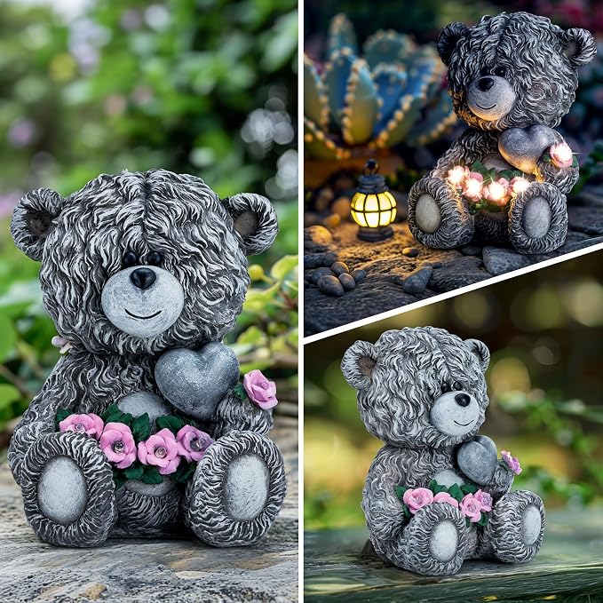 YDKOJGW Solar Garden Outdoor Statues Bear with Heart and Pink Flower and 5 LED Lights-Lawn Decor Bear Statue for Patio, Balcony, Yard Ornament-Unique Housewarming Gifts for Mom, Women