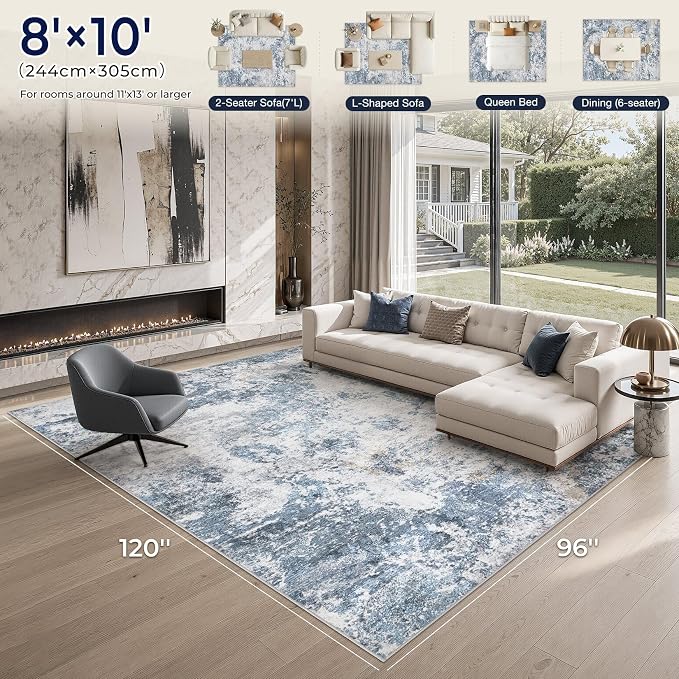 DMOYEST 8x10 Area Rug for Living Room Washable Abstract Indoor Carpet | Neutral Modern Low Pile Rugs Kid & Pet Friendly Large Soft Thin Carpet for Bedroom Dining Room - Blue