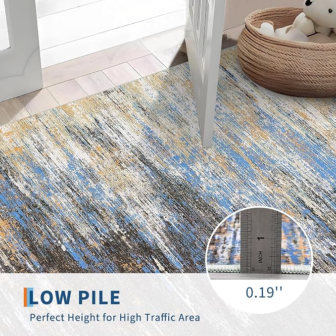 ROYHOME Washable Runner Rug 2x6 Modern Abstract Kitchen Rugs, Blue/Brown | Non Slip Bathroom Rug, Low Pile Laundry Room Soft Long Carpet for Hallway Bedroom Entryway