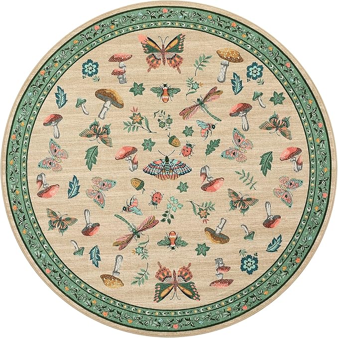 Mushroom Insect 8ft Round Rug Washable Non-Slip Soft Ultra-Thin Large Boho Circle Carpet for Entryway Kitchen Bedroom Nursery Dining Room Khaki Green