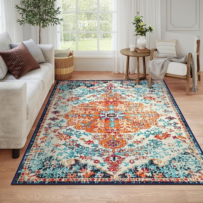 Lahome Reine Orange 6x9 Area Rugs Boho Washable Area Rug for Bedroom,Large Area Rugs for Living Room Dining Room,Bohemian Vintage Non Slip Low Pile Indoor Accent Carpet for Home Office(6x9ft,Orange)