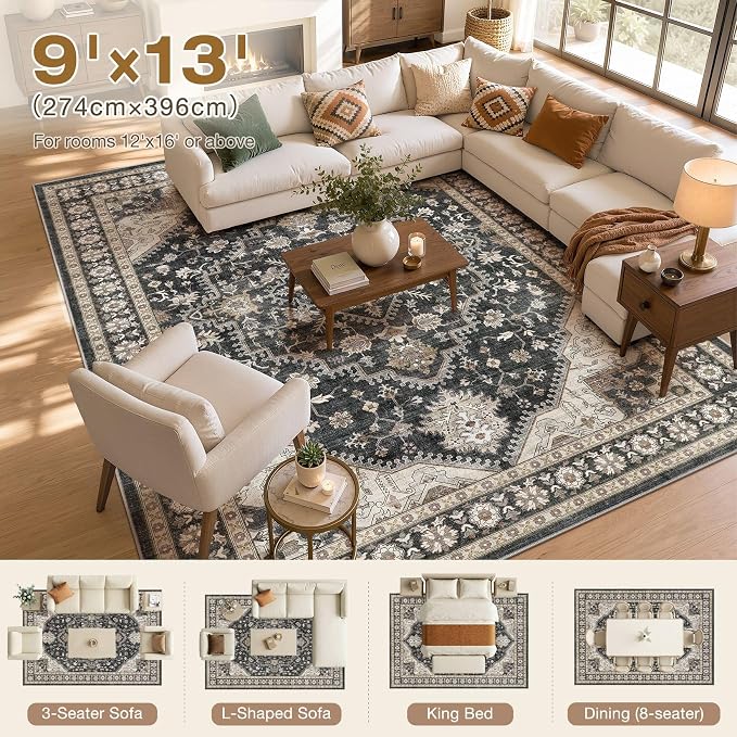 DTICON Vintage Washable 9x13 Area Rug Living Room Rugs, Black | Boho Distressed, Pet & Kid Friendly, Non-Slip Backing, Soft Polyester, Low-pile Carpet for Living Room, Bedroom, Dining Room