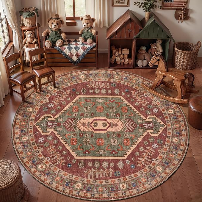 Ciicool 6ft Round Area Rug for Bedroom,Washable Large Circle for Kitchen | Vintage Non-Slip Low-Pile Oriental Indoor Mat Soft Boho Entry Carpet for Entryway Bedside Living Room Bathroom Dining Room