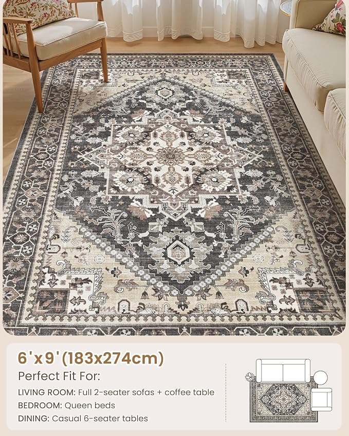 Washable Area Rug-6X9 Vintage Neutral Soft Black | Non Slip Thin Foldable Large Floor Carpet for Living Room Bedroom Kitchen Dining Room Home Office Farmhouse Indoor