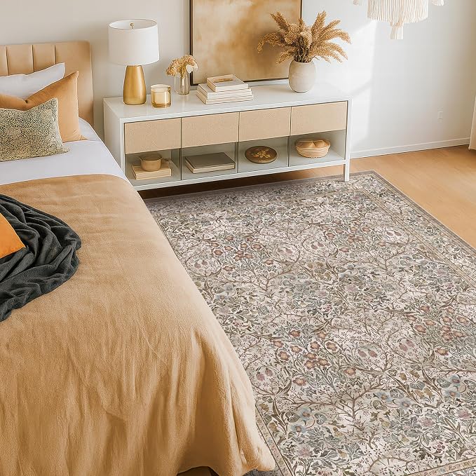 5x7 Washable Moss Green Oriental Area Rug for Living Room - Dining Room Rugs for Under Table, Home Office, Low Pile Non-Slip Floor Carpet for Bedroom - Vintage Brown Design & Stain Resistance Carpet