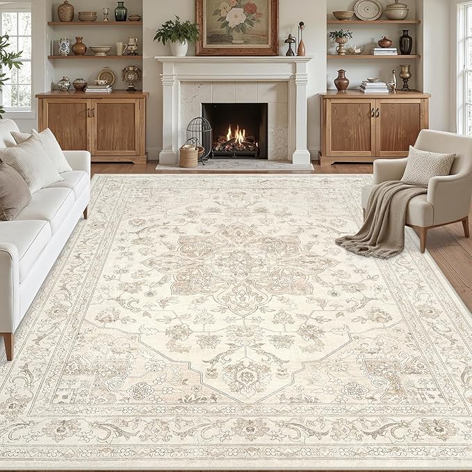10x12 Area Rugs Living Room: Bedroom Washable Carpet Beige White | Vintage Boho Soft Small Indoor Decor Floor Non-Slip Low Pile Neutral Farmhouse Entryway Laundry Bathroom Bedroom Beside Rugs