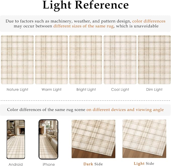 7x10 Beige Plaid Living Room Area Rug | Washable, Low Pile, Modern, Neutral, Soft, Non Slip, Rug for Bedroom Dining Room Nursery Office Indoor Home Decor