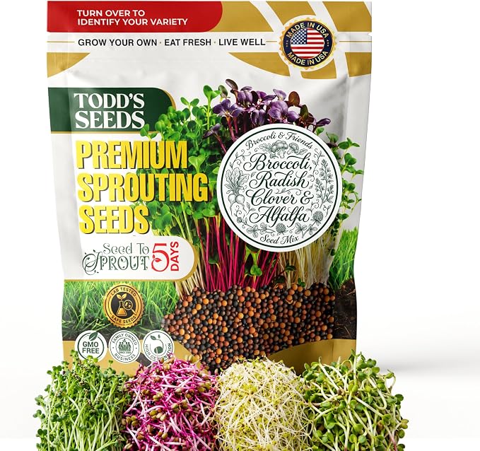 Todd's Seeds Broccoli & Friends Mix 1/2 lb - Broccoli Alfalfa Radish Clover | Broccoli, Clover, Radish & Alfalfa. Fast-growing microgreens in 5 days. Chemical free, high germination. USA made since 2009.