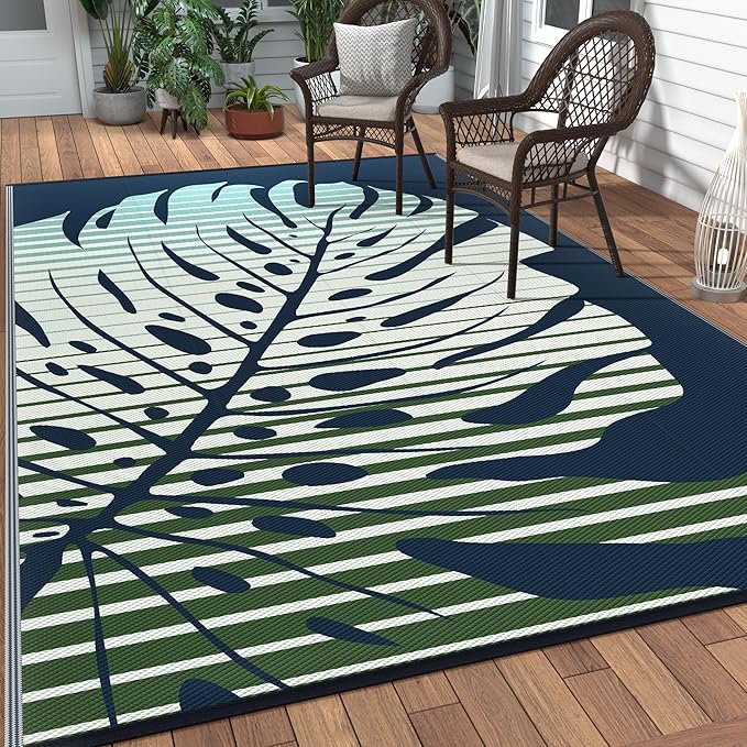 GENIMO Outdoor Rug 6' x 9' Waterproof for Patio Clearance, Reversible Plastic Straw Camping Mat, Lightweight Carpet for Rv, Camper, Deck, Porch, Picnic, Balcony, Beach, J.Blue & Green