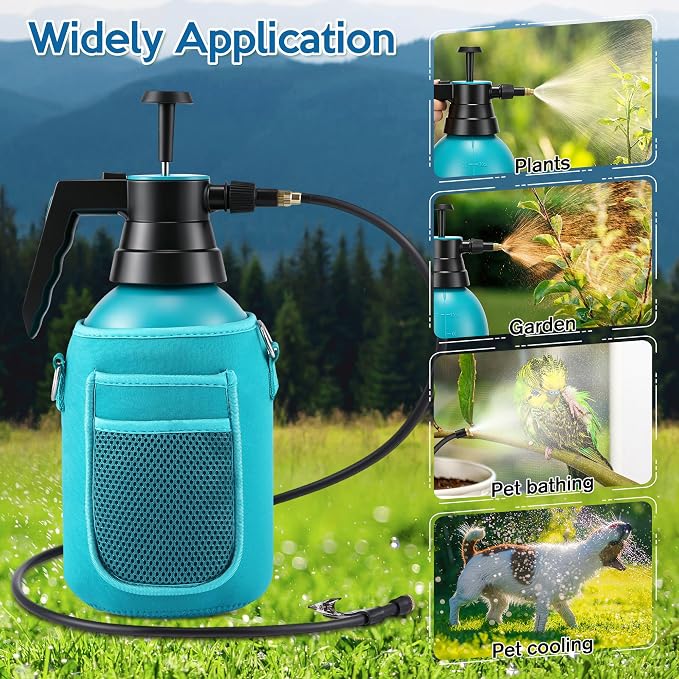 Aurelema Personal Mister, 2 in 1 Water Spray Bottle with 3.3ft Extend Mist Line/Neoprene Jacket/Strap, Portable Handheld Pump Spray Bottle for Outdoor Cooling, Hiking, Garden, Pet(Blue,2L)