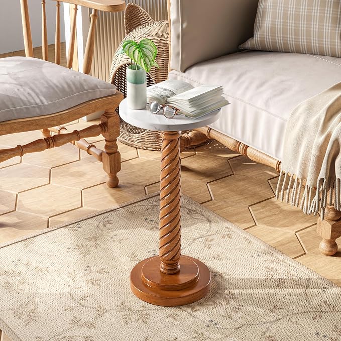 COZAYH Pedestal Small Drinking Table, Farmhouse Tray Top End Table, Distressed Finish, White Tabletop, Wooden Legs