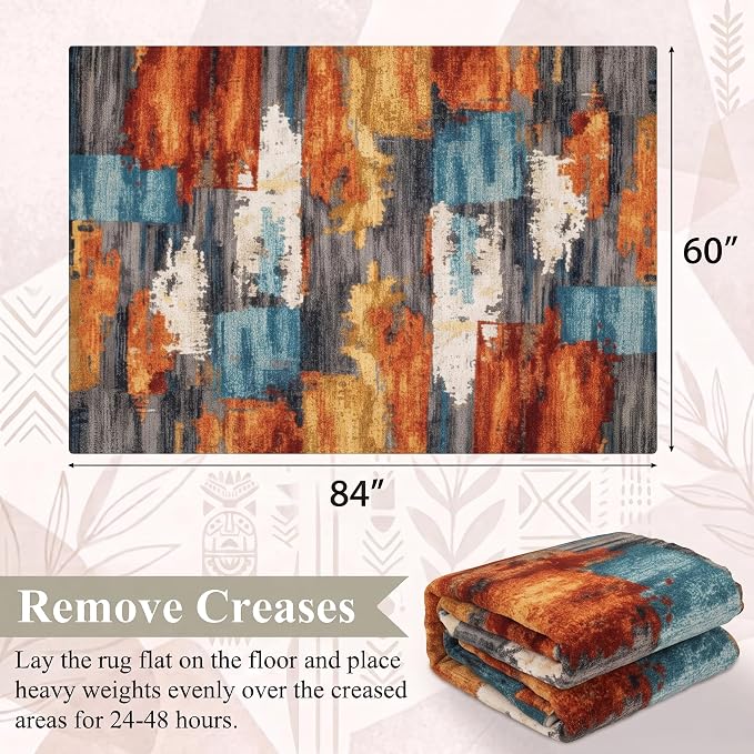 5x7 Burnt Orange and Teal Abstract Brushstroke Area Rug | Soft Low-Pile Machine-Washable Rug with Non-Slip Backing for Dining Rooms, Entryways and Reading Areas for Easy Everyday Care