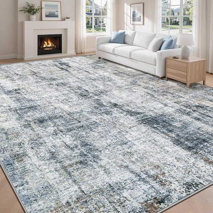 9x12 Area Rugs Washable Rug: Abstract Neutral Rugs Modern Non Slip Area Rug Stain Resistant Low Pile Indoor Carpet for Dining Room Bedroom Nursery Office (Multi Blue, 9'x12')