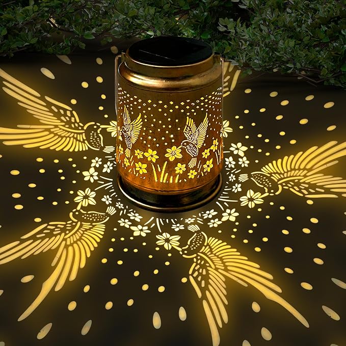 KY&BOSAM Retro Solar Lanterns Outdoor Waterproof Hummingbird Garden Decor | Premium Old Gold Color Metal Hanging Outside Solar Lights,Birthday Gifts for Women Mom Outside for Yard,Patio,Backyard,Porch