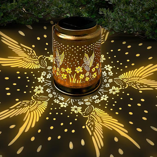 KY&BOSAM Retro Solar Lanterns Outdoor Waterproof Hummingbird Garden Decor | Premium Old Gold Color Metal Hanging Outside Solar Lights,Birthday Gifts for Women Mom Outside for Yard,Patio,Backyard,Porch