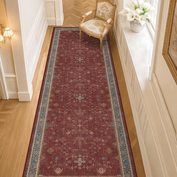 Red 2x8 Long Hallway Runner Rug - Boho Washable Indoor Front Door Mat for Entryway, Non Skid Rugs for Kitchen, Vitange Geometric Floral Low Pile & Soft Runner Carpet