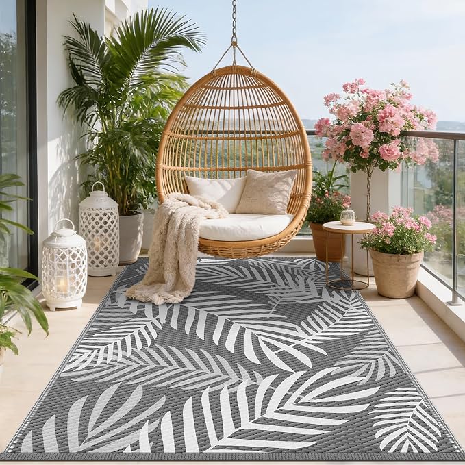 Kohree Outdoor Rug Waterproof 9x12, Reversible Outdoor Plastic Straw Rug with Leaf Pattern, Easy-Cleaning RV Mat Carpet for Patio, Porch, Camping, Balcony, Deck, Backyard, Grey & White