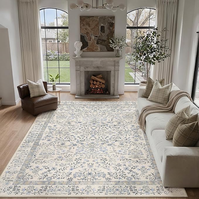 7x10 Blue Floral Area Rug Vintage Farmhouse Style | Washable, Non Slip, Soft Low Pile, Indoor Carpet for Living Room, Bedroom, Dining Room, Botanical Decor