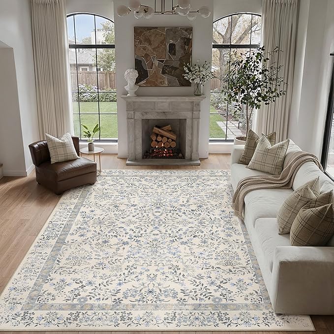 10x12 Blue Floral Area Rug Vintage Farmhouse Style | Washable, Non Slip, Soft Low Pile, Extra Large Carpet for Living Room, Bedroom, Dining Room, Botanical Decor