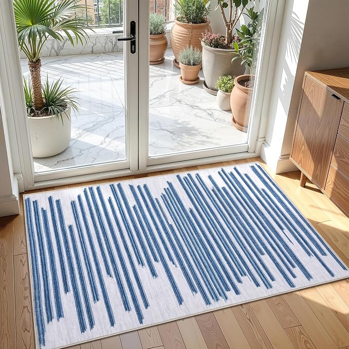 GarveeHome 2x3 Washable Rug Before Upstairs Non Slip Low Pile Entry Rug | Low pIle Striped Doormat Modern Stain Resistant Kitchen Rug for Bedroom Hallway Dining Room Living Room