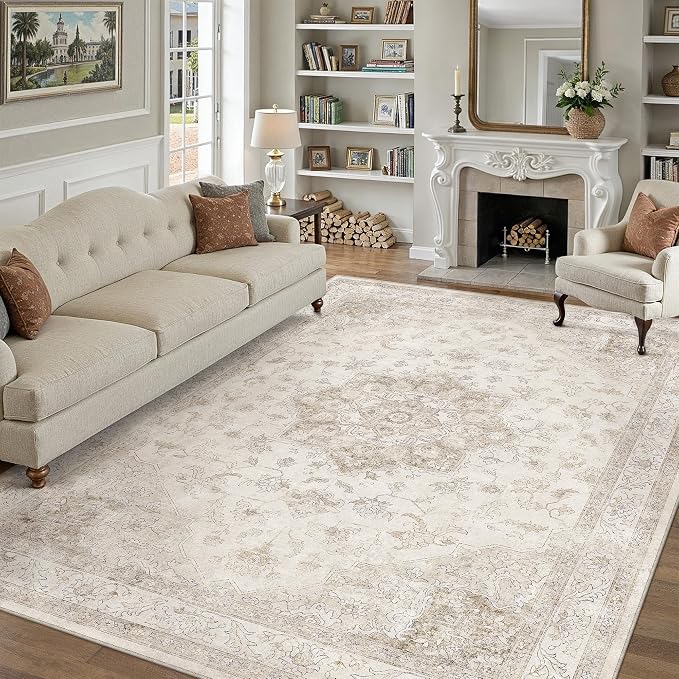 Beige 6x9 Washable Area Rug Vintage Oriental Medallion Carpet | Soft Low Pile, Non Slip, Stain Resistant, Large, Neutral Retro Decor for Living Room, Bedroom, Dining Room, Kids Room
