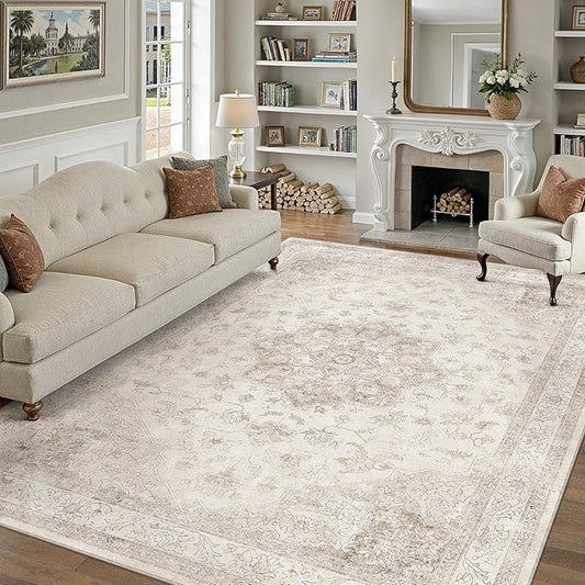 Beige 7x10 Washable Area Rug Vintage Oriental Medallion Carpet | Soft Low Pile, Non Slip, Stain Resistant, Large, Neutral Retro Decor for Living Room, Bedroom, Dining Room, Kids Room