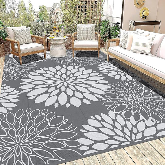 Ileading Waterproof Outdoor Rug 8x10, Reversible Plastic Straw Patio Rug, Portable Indoor Outdoor RV Camping Mat Carpet for Deck, Porch, Balcony, Backyard, Picnic, Floral Grey