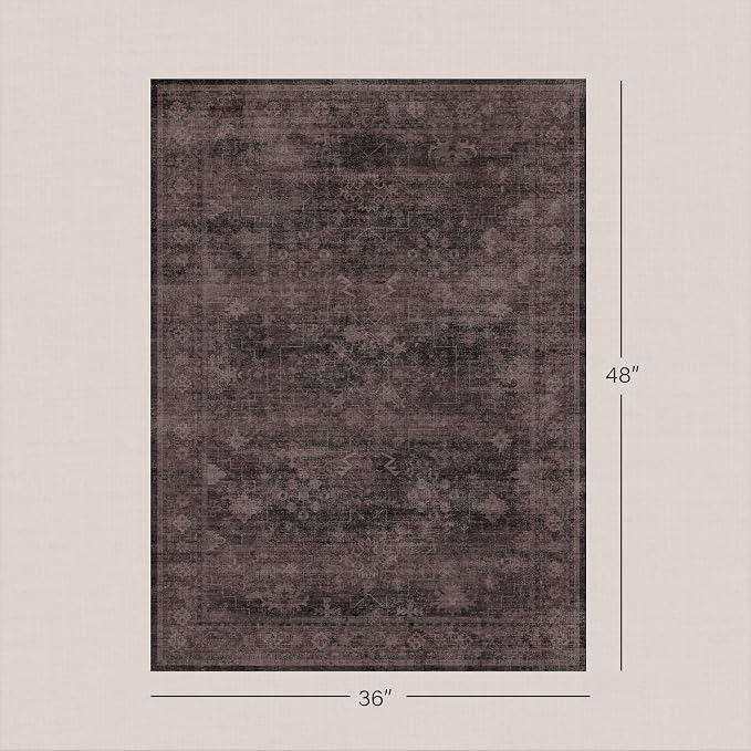 Machine Washable 3x4 Area Rug for Entryway, Kitchen, Bedroom & Laundry Room, Dark Taupe Brown Vintage Rug with Distressed Geometric Design, Low Pile Anti-Slip Backing, Stain & Fade Resistant