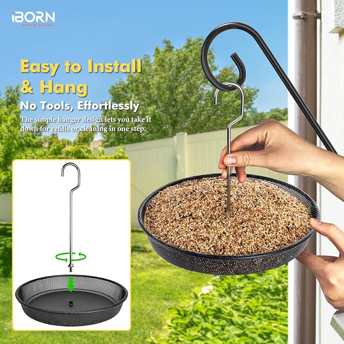 iBorn Hanging Bird Feeder Tray, Metal Mesh Bird Feeder Bowl with Thick Metal Hanger, Sturdy & Durable Bird Feeders for Outdoors, Easy to Refill & Clean, Pack of 1, Black