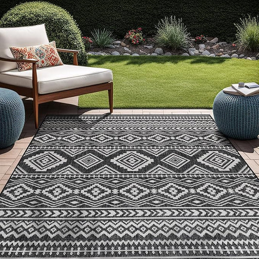 Beverly Rug Waikiki Boho Indoor Outdoor Rug 6x9, Washable Outside Carpet for Patio, Deck, Porch, Bohemian Area Rug, Farmhouse Rugs, Aztec Tribal Rug, Black and White