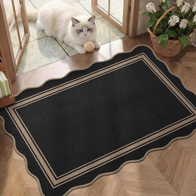 Easy Jute Kitchen Rug 2x3 Front Door Mat Washable Non Slip Entryway Rug Farmhouse Neutral Low Pile Black Scalloped Rugs for Entryway Proch Doorway