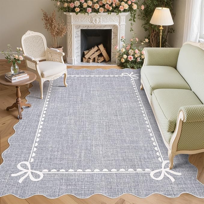 GarveeHome Scalloped Bow Rug 8x10 Washable Grey Rug for Bedroom Living Room | Non Slip Soft Low Pile Indoor Large Carpet for Nursery Girls Bedroom Decor Hallway Kids Room College Dorm Playroom