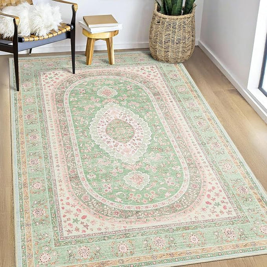 Green Rug 3x5,Washable Area Rugs for Bedroom Living Room Entryway | Small Boho Vintage Bohemian Distressed Oriental Non Slip Carpet,Sage Blush Floral