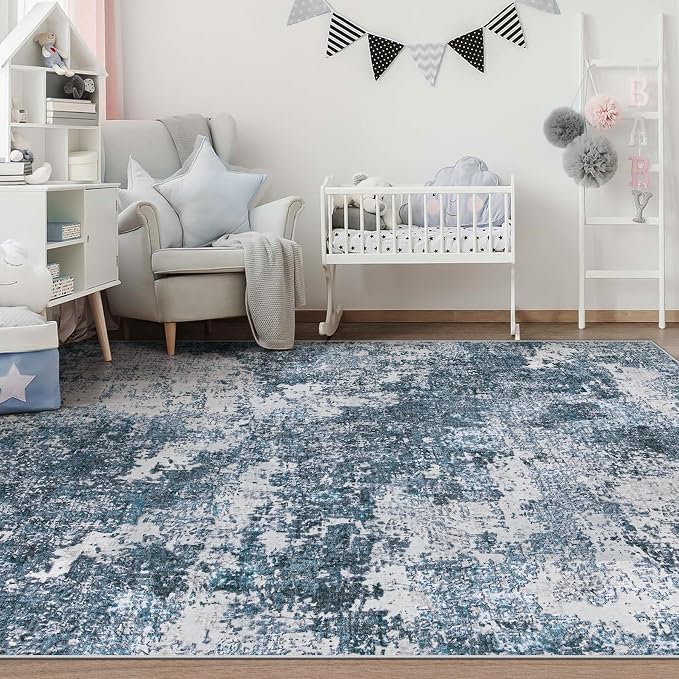 pmtsns Area Rugs 6x9 for Living Room: Washable Rug Modern Abstract Neutral Soft Non-Slip Low-Pile Indoor Carpet for Bedroom Dining Room Playroom Home Office (Blue Grey, 6'x9')