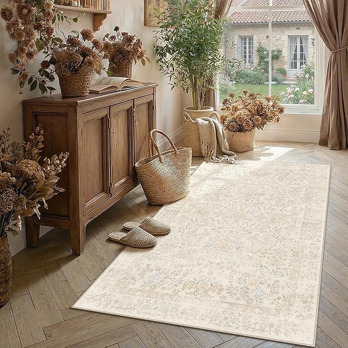 4x6 Beige Floral Small Area Rug Vintage Farmhouse Style | Washable, Non Slip, Soft Low Pile, Indoor Carpet for Bedroom, Nursery, Apartment Living Room, Botanical Decor