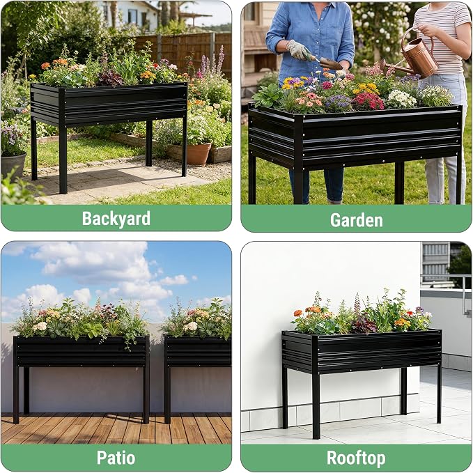 WORKPRO 48x24x32in Outdoor Galvanized Raised Garden Bed with Legs, 600LB Elevated Planter Box for Vegetable, Flowers, Herbs, Black