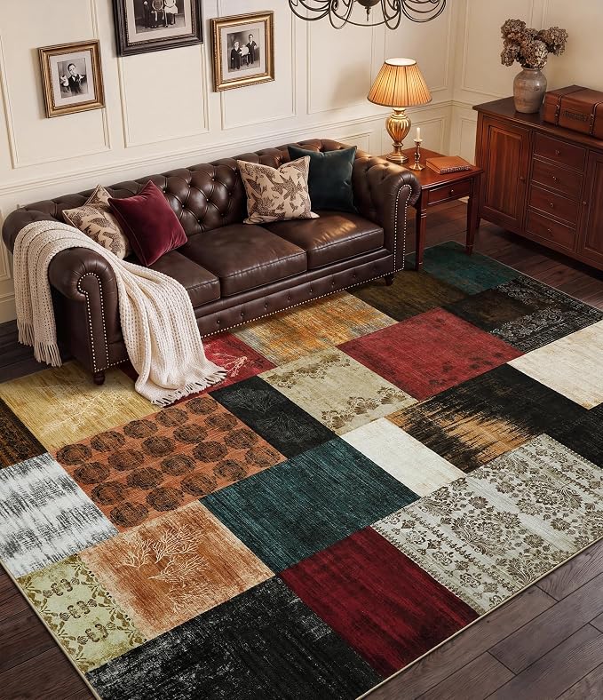 Mid Century Modern Cowboy Area Rug 6x9 for Living Room,Retro Patchwork Rug Non Slip,Red and Brown Floral Farmhouse Rugs Washable, Geometric Boho Area Rug for Kitchen,Dining Room,Bedroom