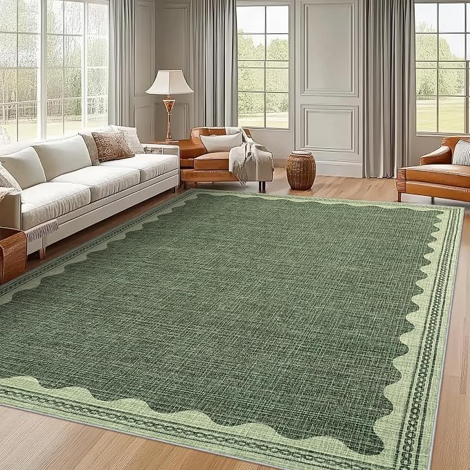 8x10 Scalloped Area Rugs Green Washable Living Room Bedroom Rug | Solid Tan Rug for Bedroom Girls, Non Slip Throw Carpet With Rubber Back, Soft Dorm Nursery Scalloped Rugs for Dining Room