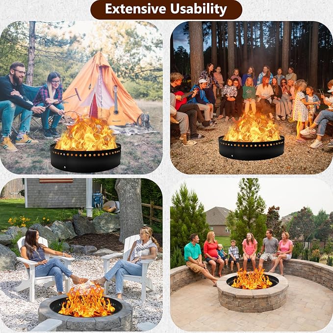 FEBTECH - 45" D Outdoor Fire Ring Liner - Steel Smokeless Firepit Insert | Heat Resistant Coated Fire Ring for DIY In-Ground or Above-Ground Setups, Bonfire Nights, Backyard Gatherings & Camping