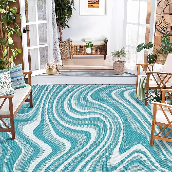 Garvee Large Modern Outdoor Rug 9x18 Patio Rugs Outdoor Waterproof Reversible Plastic Straw Camping Rug, Abstract Outside Rugs for Picnic Backyard Deck Balcony Porch Beach Trailer, Light Blue
