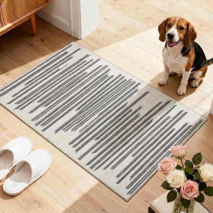 GarveeHome 2x3 Washable Rug for Hallway Bedroom Non Slip Low Pile Carpet | Modern Striped Small Entryway Rugs Geometric Stain Resistant Soft Kitchen Rug, Black Grey