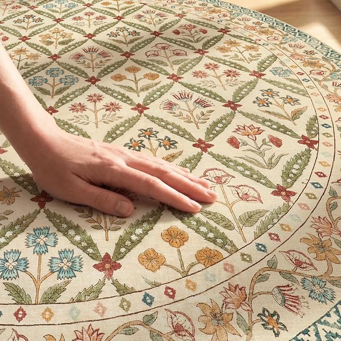 jinchan Round Rug 5ft Vintage Floral Washable Circle Area Rug, Teal Blue | Soft & Lightweight, Checkered Floral, Low Pile, Non Slip, Bedroom, Living Room, Entryway, Girls Room, Reading Nook