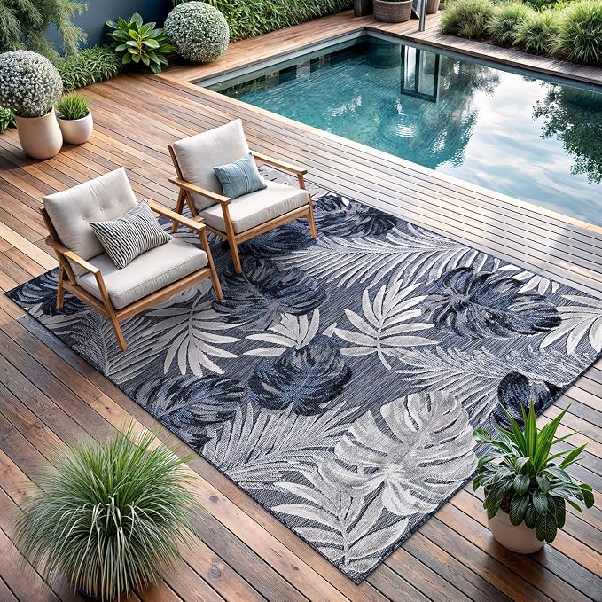 CAMILSON Indoor Outdoor Rug, Navy Blue 9’x12’ Leaf Tropical Botanical Area Rugs for Indoor and Outdoor patios, Easy-Cleaning Non-Shedding Living Room Garden and Kitchen Washable Outside Carpet (9x12)