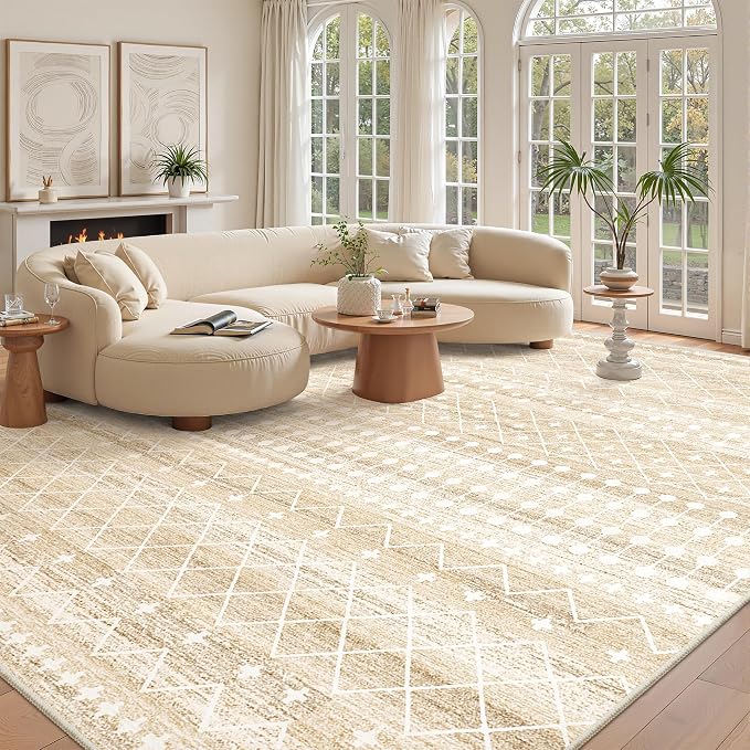 Miukiki 9x12 Area Rug for Living Room, Washable Non Slip Moroccan Rug Beige | Large Soft Rug for Kitchen Bedroom Dining Room Office, Low Pile Indoor Floor Carpet Home Decor 9'x12'