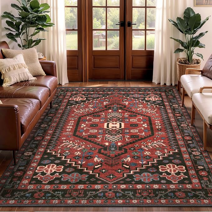 Ciicool Washable 4x6 Area Rug,Boho Non-Slip Indoor Mat for Entryway Kitchen | Oriental Low-Pile Soft Vintage Boho Indoor Entry Red/black Carpet for Bedroom Bedside Living Room Laundry Dining Room