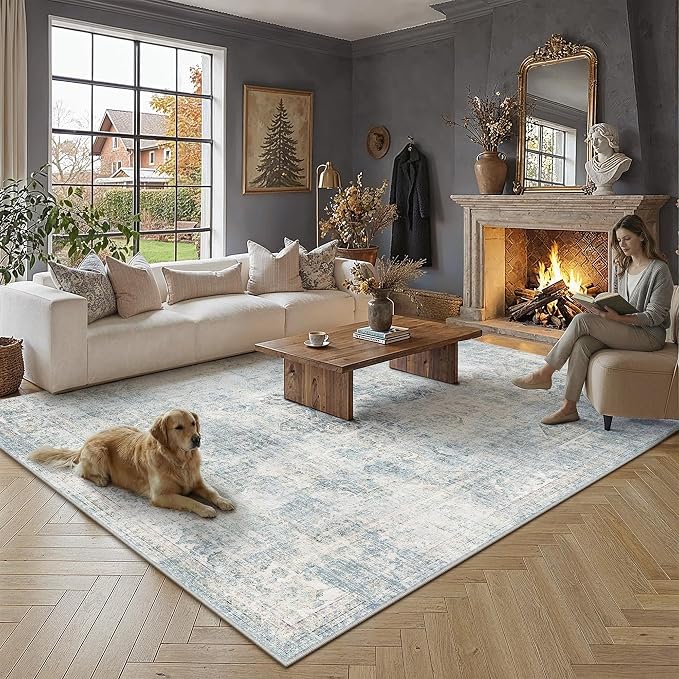 9x12 Blue Vintage Area Rug | Washable, Non Slip, Soft Low Pile, Neutral Farmhouse, Large, for Living Room Bedroom Dining Room Office Indoor Home Decor